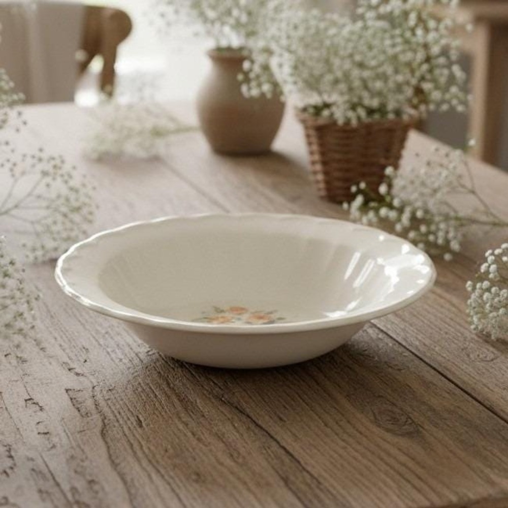Badcock Furniture Floral Serving Bowl, Pink Rose & Baby's Breath, Tableware